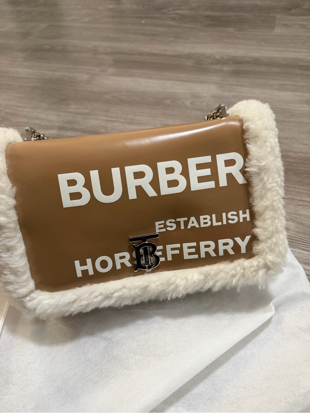 Burberry Tan and White Shearling-Trim Horseferry Shoulder Bag